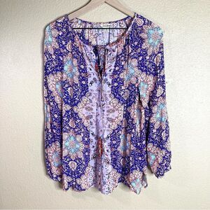 Lucky Brand Blue Purple Medallion Boho Blouse Medium Tie Neck